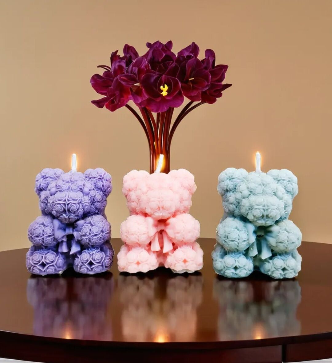 Rose bear candle handmade soy wax – lavender pink blue sculptural floral gift set