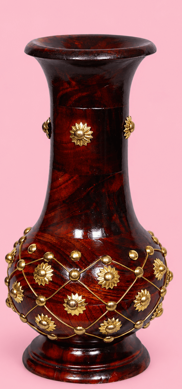 Handcrafted wooden flower vase with brass wire latticework and floral accents